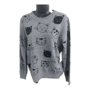Gray ribbed crew neck black cat kitten feline printed long sleeve sweater size L